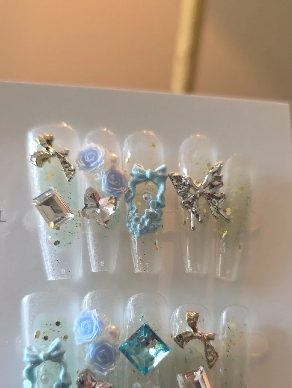 Blue Floral Bow Press-On Nail Set Size Large